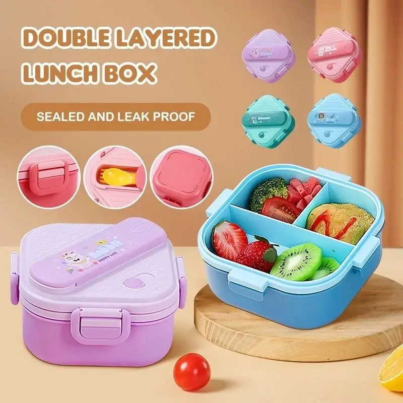 Cute Cartoon Kids Bento Lunch Box 3 Compartments Leak Proof Lid Utensil Set Food Safe Perfect For School Picnic Outdoor Trips