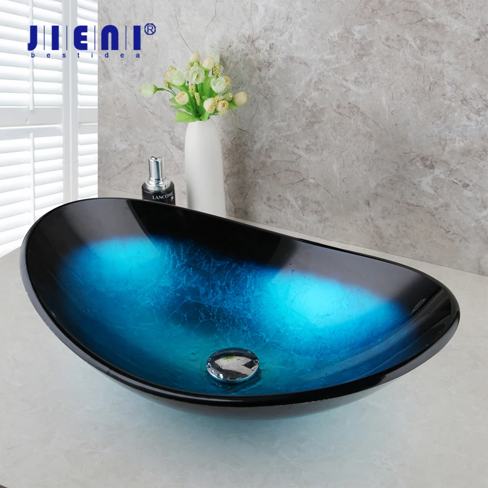 

JIENI Tempered Glass Bathroom Sinks Deck Mounted Bathroom Washbasin Chrome Pop Up Drain Combo European Modern Vessel Sink