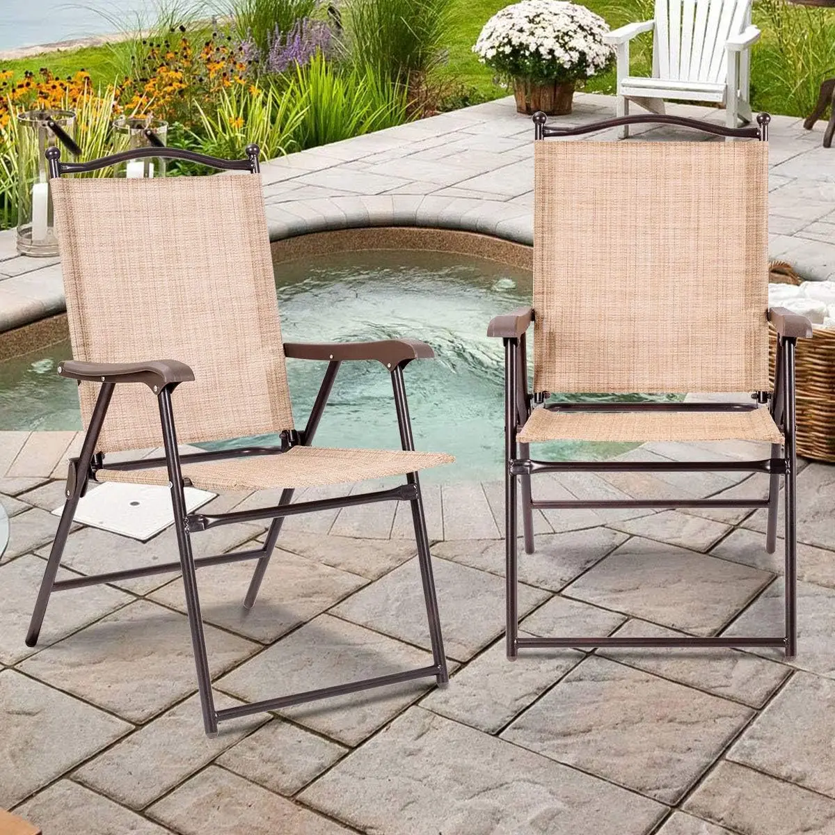 Giantex Set Of 2 Patio Folding Chairs, Sling Chairs, Indoor Outdoor Lawn Chairs, Camping Garden Pool Beach Yard Lounge Chairs