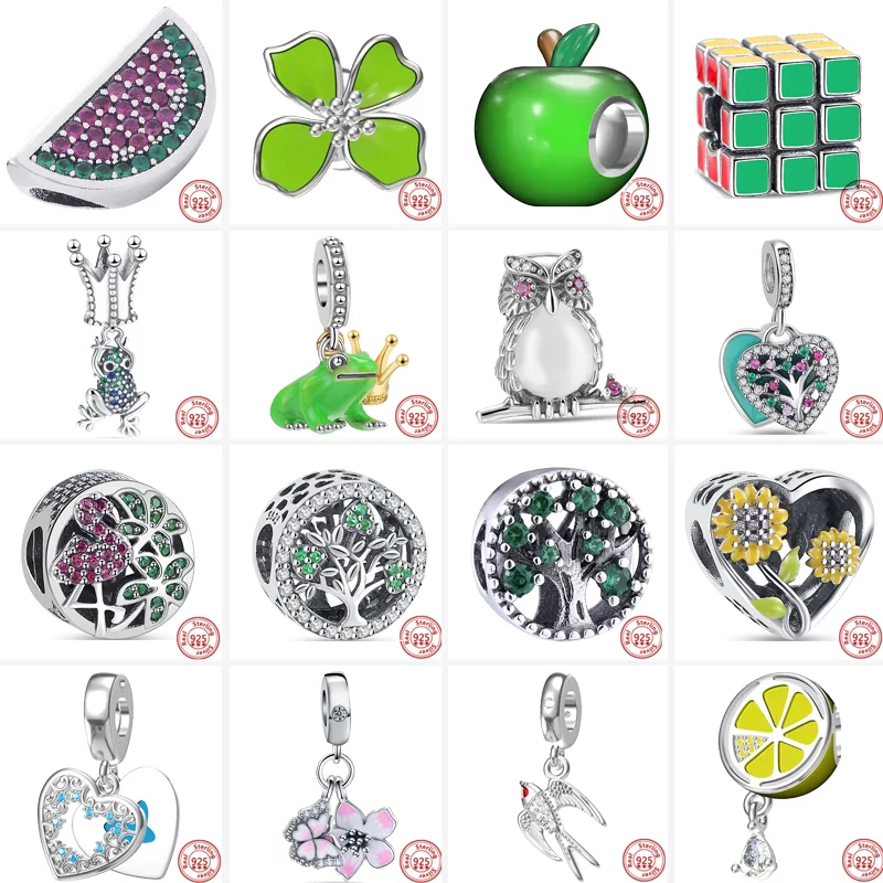 

New 925 Silver Green Flowers Apple Tree Frog Crown Yellow Lemon Sunflower Rubik's Cube Beads Fit Pandora Charms Bracelet Jewelry