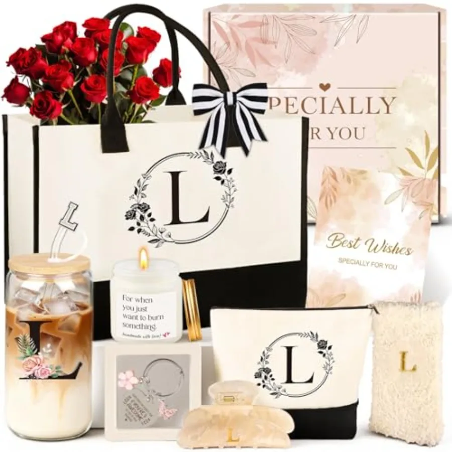 

Birthday Gifts for Women 10pcs Monogrammed Gifts for Women Initial Canvas Tote Bag Makeup Bag Glass Cup Hair Clip Candle Basket