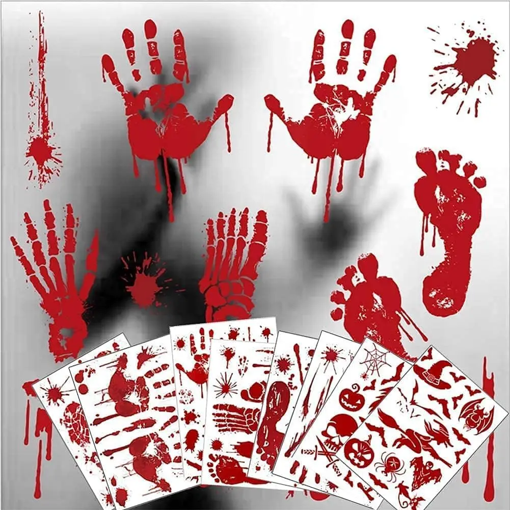 Halloween Decorations, 8 Sheet/95Pcs Bloody Handprint Footprint Wall Decal Floor Clings, Horror Handprint Home PVC Halloween Decoration Window Stickers