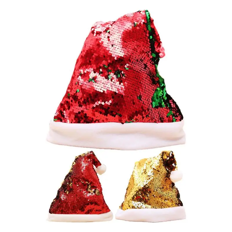 Sequin Christmas Hat Double Side Reversible Sequin Santa Hats Glitter Sparkle Sequin Hats Santa Costume Hat with Shiny Sequins