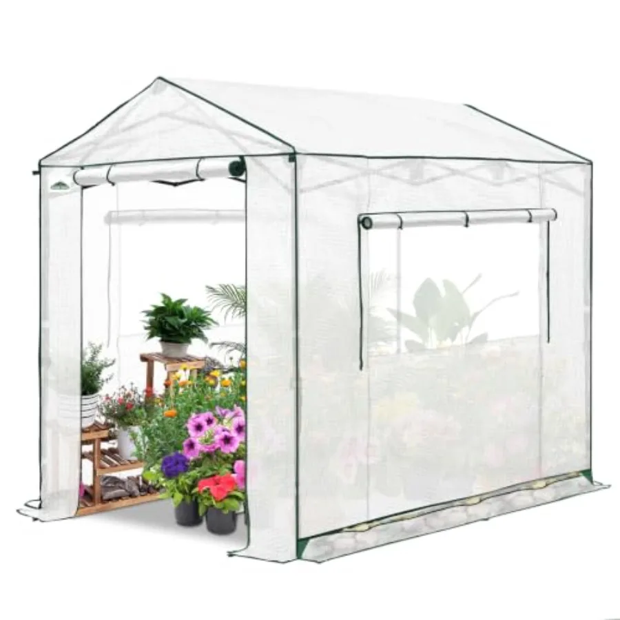 8x6 Portable Pop Up Greenhouse for outdoor gardening, white polyethylene fabric, patented center lock for easy one-person setup