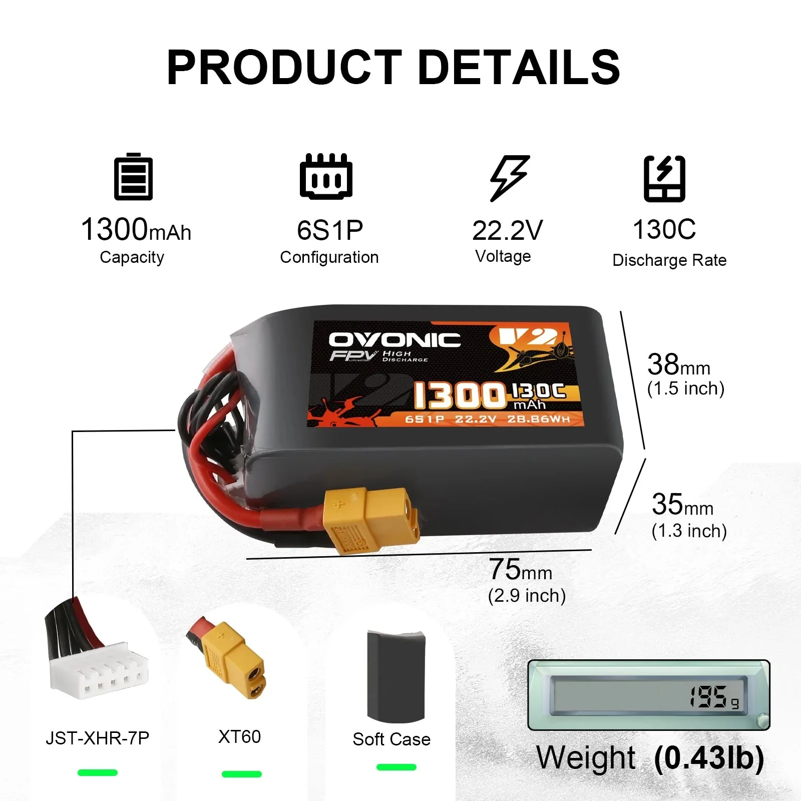Ovonic 6S LiPo Battery 22.2V 1300mAh 130C, XT60 Plug FPV Power Pack for FPV Racing Drones