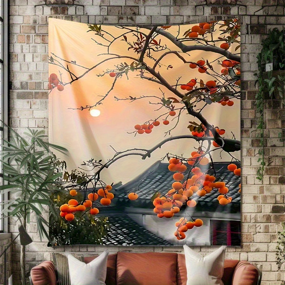

Настенный гобелен из полиэстера с цифровой печатью на тему осенней хурмы, подходит для использования в гостиных, спальнях, барах и на вечеринках.