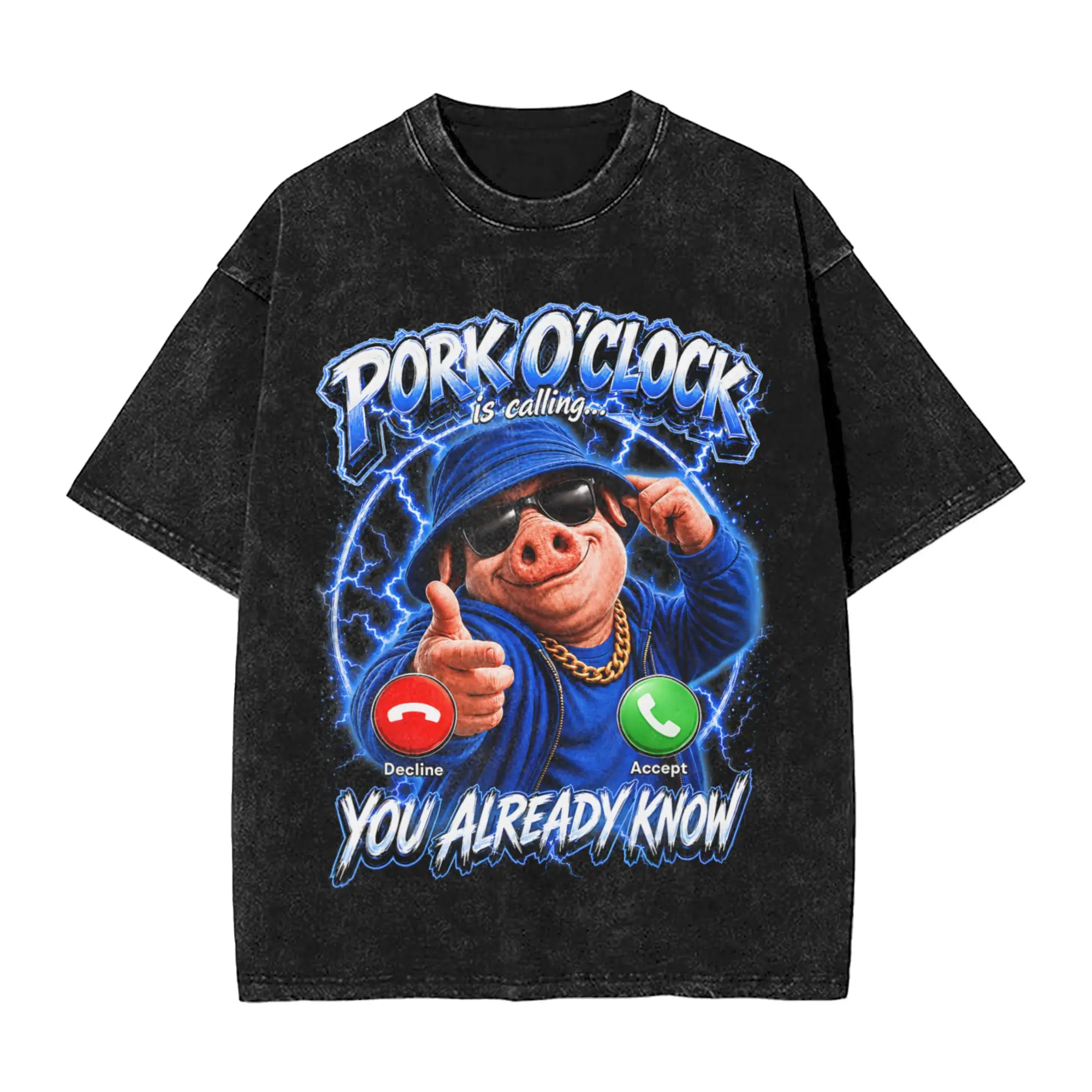 Man T-Shirt John Pork Oclock Calling Funny Meme Washed T-Shirts Novelty Summer Tees Street Style Pattern Cotton Tops Plus Size
