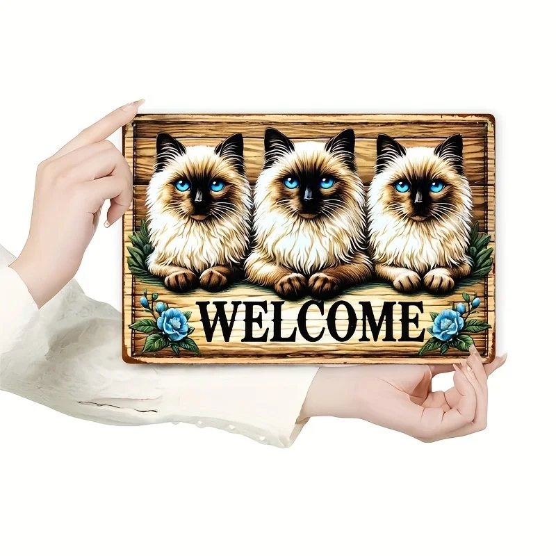 2D Flat One Piece 8x12 Inch Metal Sign Featuring Three BlueEyed Ragdoll Cats and WELCOME Text for Front Porch Entryway Wall Deco