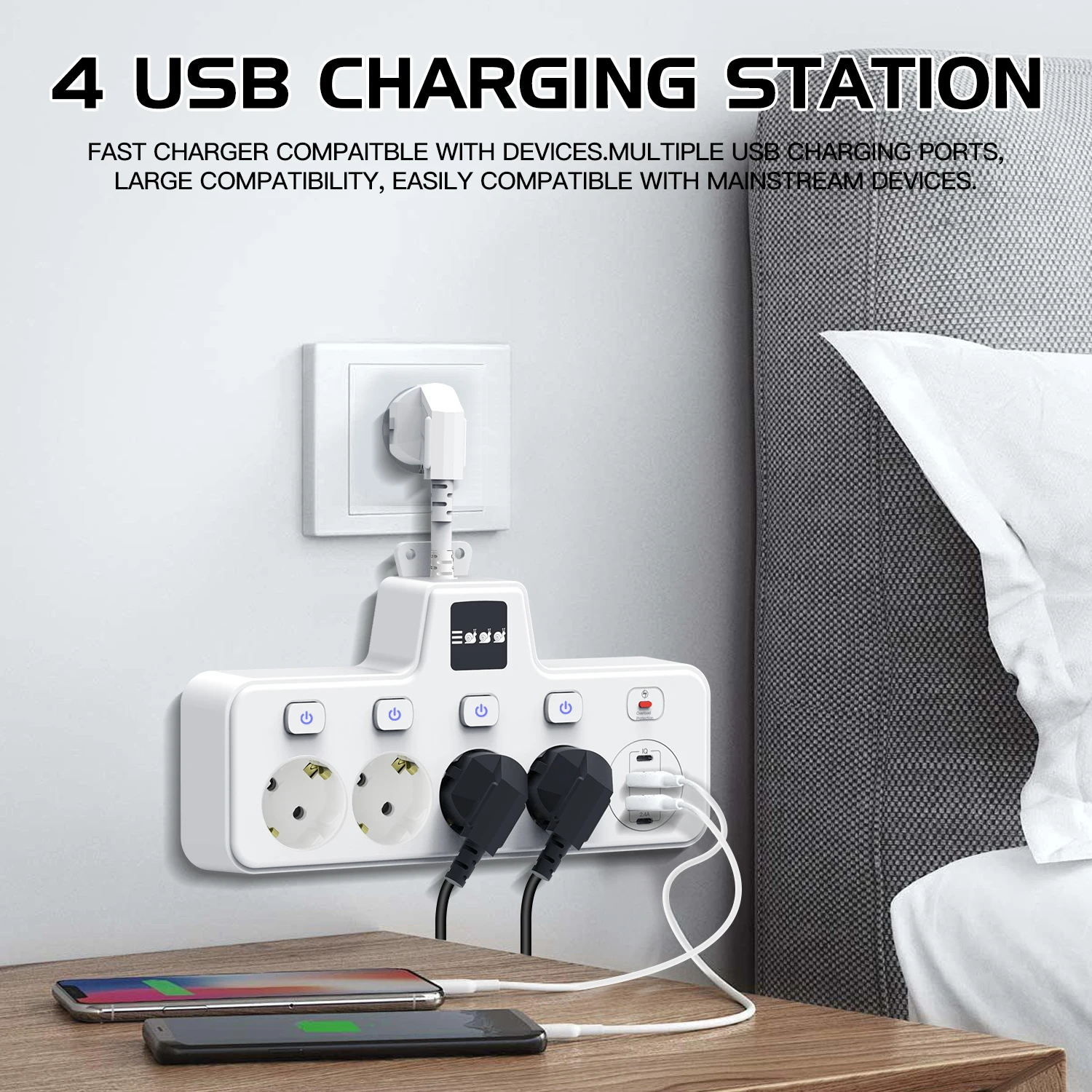 EU-Stecker 5-fach-Steckdosenleiste mit unabhängigem Schalter, wandmontiert, europäischer Standardstecker, Netzwerkfilter mit USB-C-Ladeanschlüssen