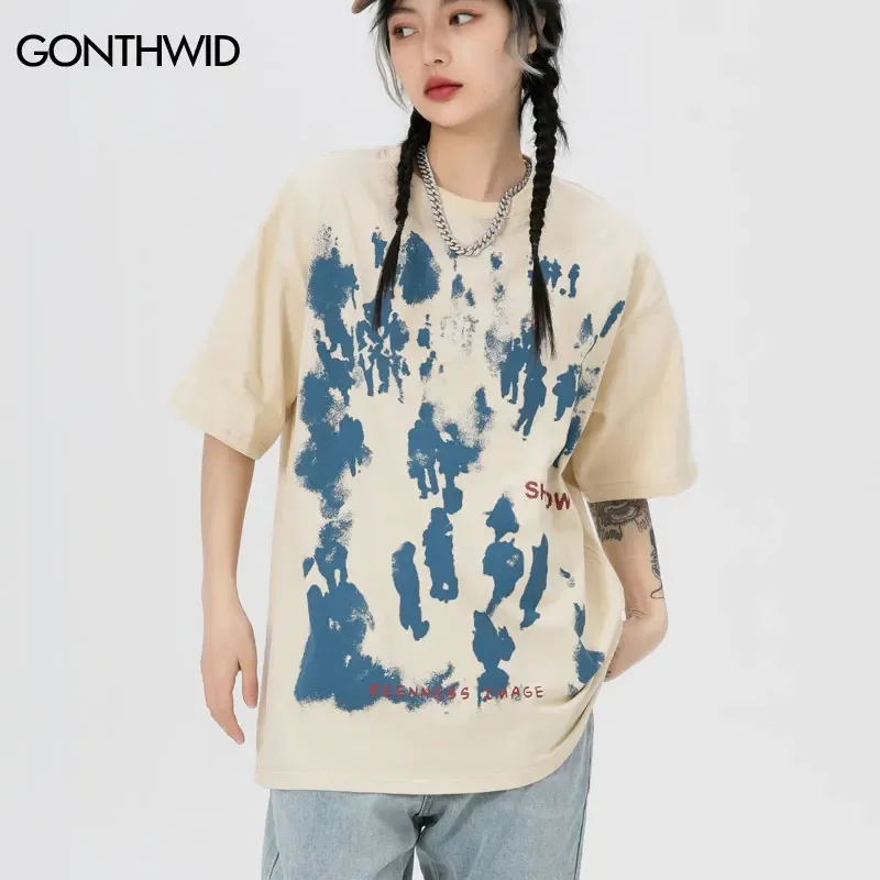 Mens Oversized T Shirts Y2K Vintage Shadow Inkjet Graffiti Print Tshirt Streetwear Hip Hop Harajuku Punk Short Sleeve Tops Tee