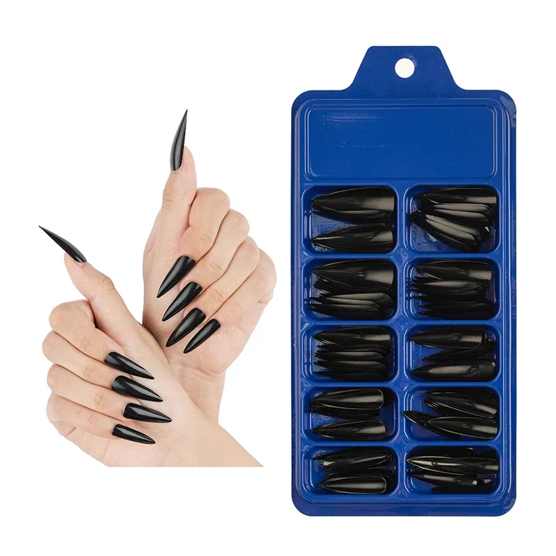 100 Pieces Per Box Black Acrylic New Stiletto Nails Tips Pointed Sharp Full Fake Nails 10 Sizes UV Gel Artificial Press On Nails