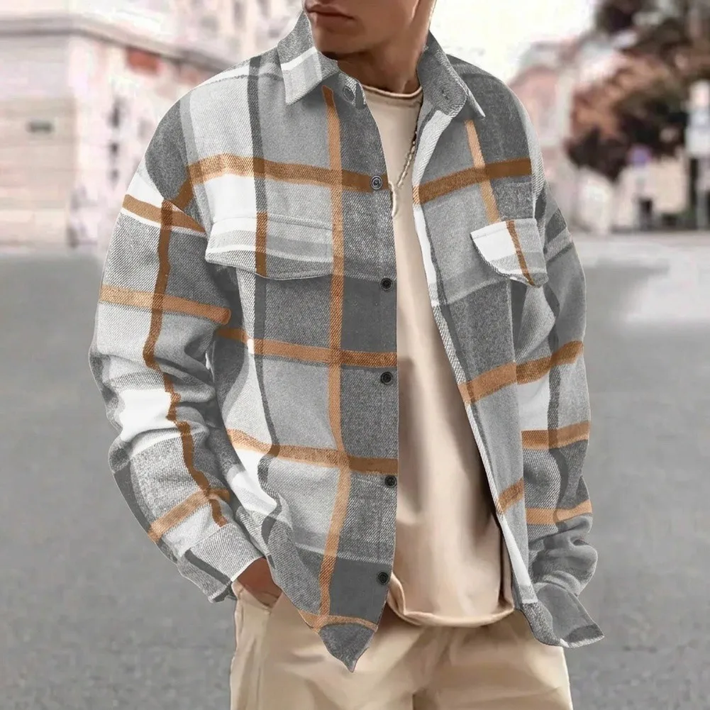 Men's Plaid Button Up with Long Sleeves and Regular for Fit Tailored for Autumn Streetwear and Business Casual Wear