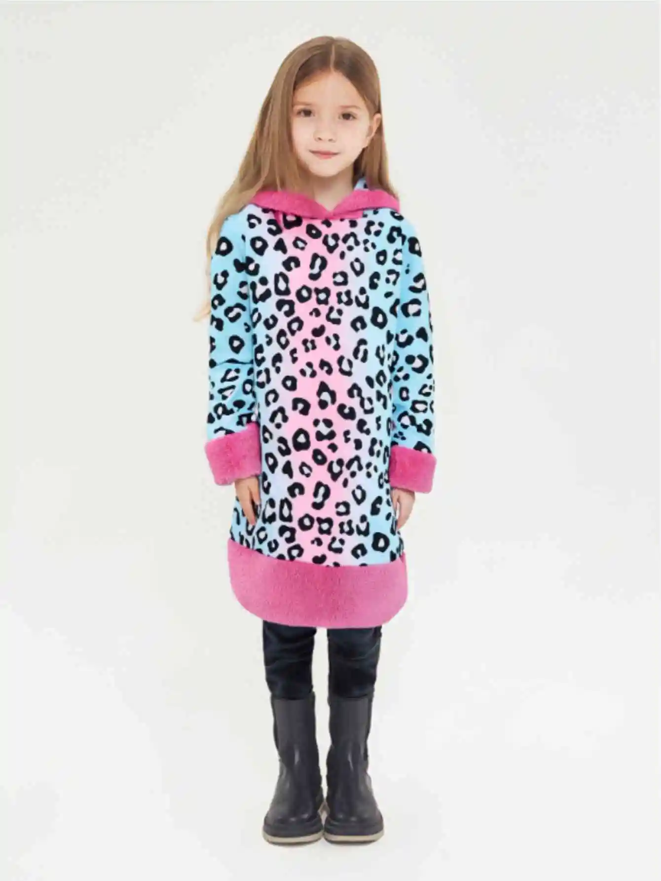 Winter children's girls pink leopard print splicing plush warm slim comfortable advanced sense of unique long-sleeved dress