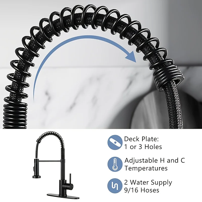 

Kitchen faucet with pull-down sprayer, brushed finish, kitchen sink faucet with countertop, suitable for home kitchens.