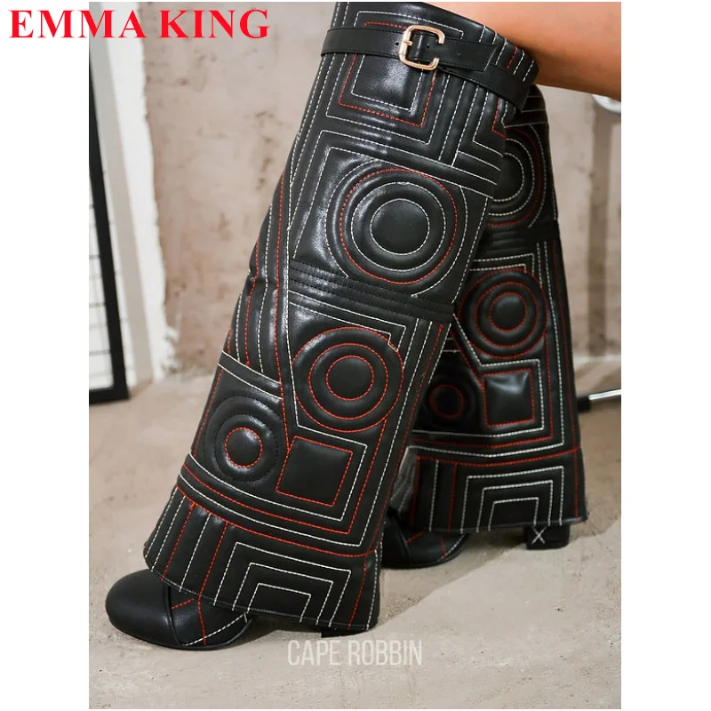 

2024 New Runway Chunky High Heel Knee High Boots Women Fashion Round Toe Slip On Pants Knight Boots Winter Autumn Casual Shoes