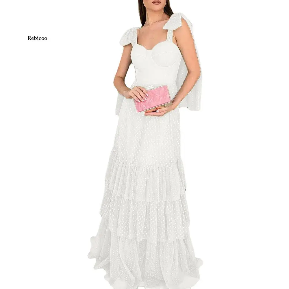 

Europe America New Wedding Dress Bowknot High Waist Solid Color Temperament Elegant Lace White Evening Dress
