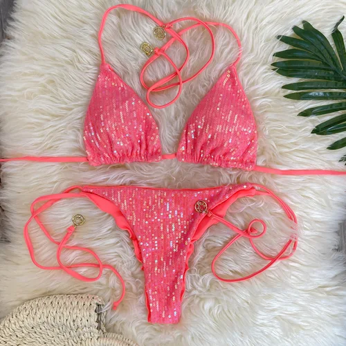 Imagen 2 del producto Melphieer Swim 2 piezas Mujer Verano Playa Vacaciones Ruching Bum Lentejuelas Sparkle Glitter Plain Halter Strap Bikini Traje de baño Conjunto