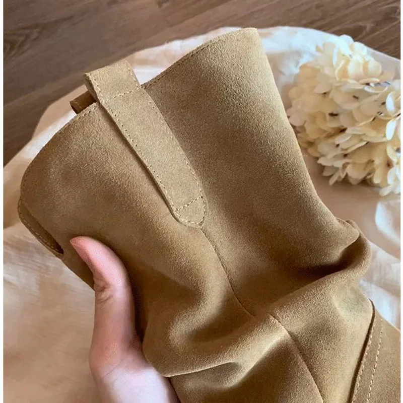 Aneikeh Women Suede Western Mid Calf Boots Square Toe Block Heel Pleated Slouch Design Pull On Retro Cowboy Autumn Winter Shoes