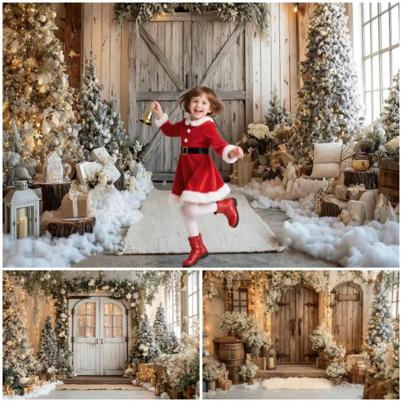 Fondos de Navidad para fotografías, puerta de madera blanca, decoración de fiesta de nieve de invierno, fondo para fotografía de bebés, photocall