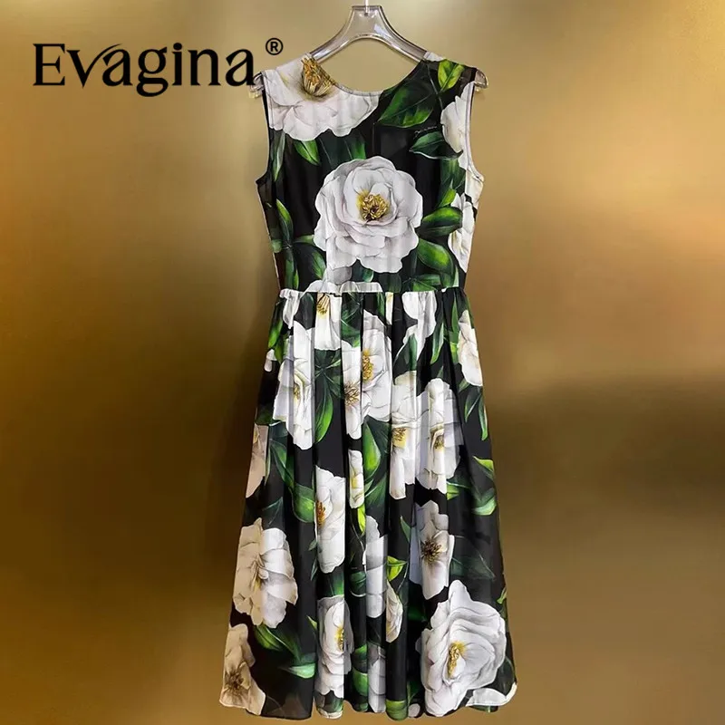 

Evagina Fashion Floral-Print Sleeveless Dress For Women Elegant Pleated Splicing High waist Silk Dresses