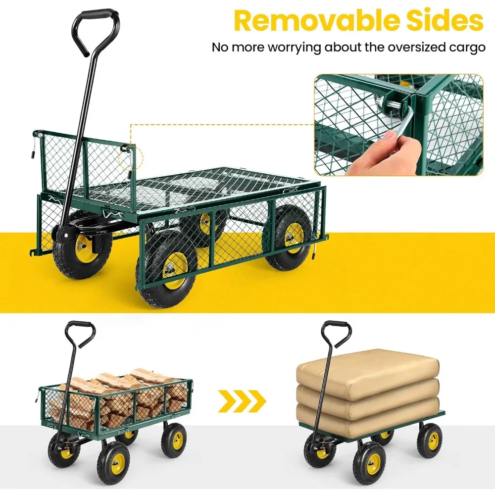 Garden Cart, Heavy Duty 680 Lbs Capacity Mesh Steel Garden Cart with Removable Sides to Convert into Flatbed,Utility Metal Wagon