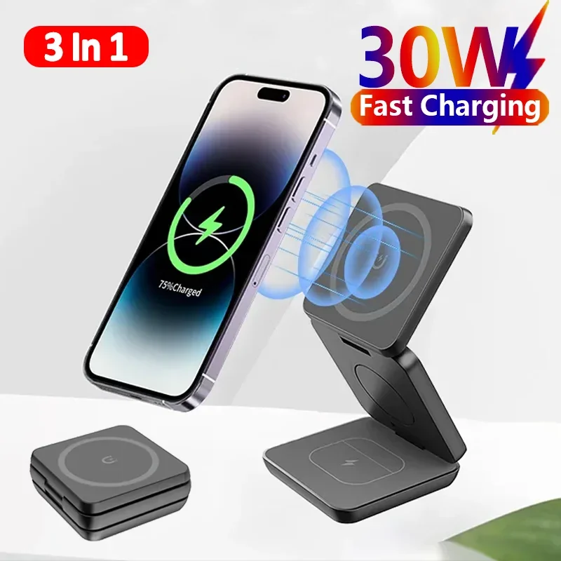 30W Magnetic Wireless Charger Pad Stand for iPhone 15 14 13 12 Apple Watch 8 7 Airpods 3 IN 1 Macsafe Fast Charging Dock Station