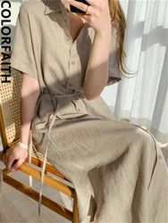 Colorfaith DR1670 New 2023 Lace Up Chic Elegant Lady Oversized Korean Fashion Vintage Split Pure Women Spring Shirt Long Dresses