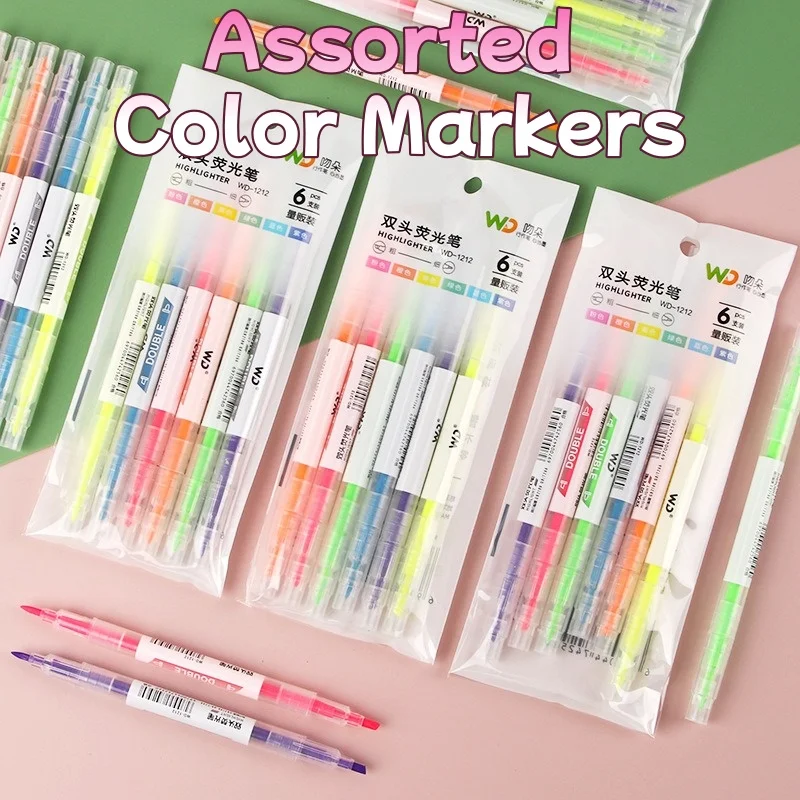 6 Pcs/pack Assorted Color Dual Tip Highlighter Bulk Set Perfect for Student Note Taking Journaling Study Supplies
