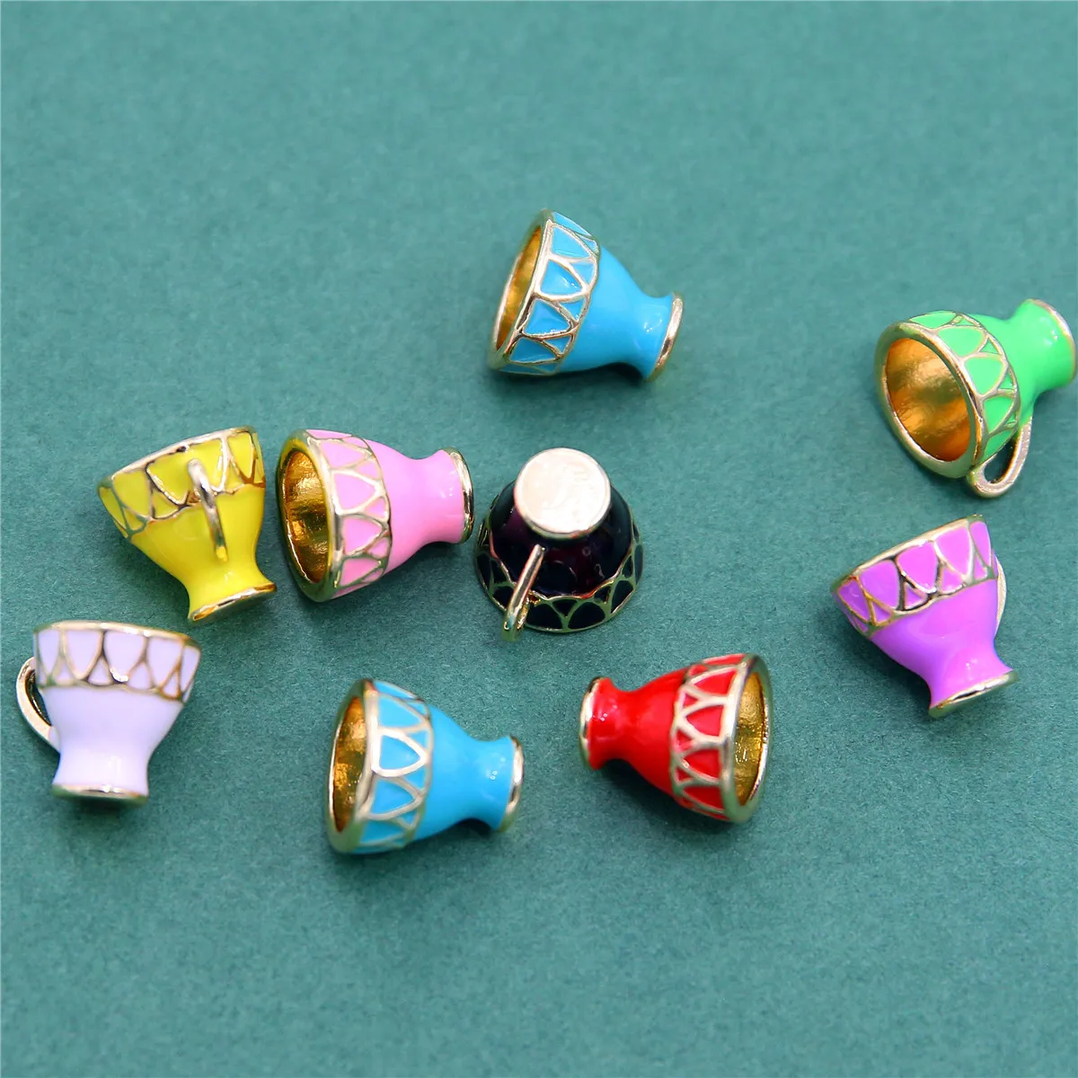 10pcs 16*13mm Mixed Color Enamel Glaze Metal Tea Cup Coffee Cup Pendant DIY Sweater Necklace Pendant, Bracelet Accessories