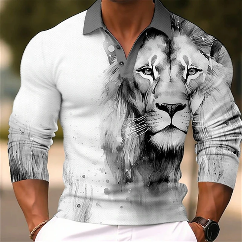 New Summer Men Long Sleeve Polo Shirt 3D Printed Lion Wlof Graphic Funny Polo Shirts Oversize Tops Tees Designer Outfit Clothing