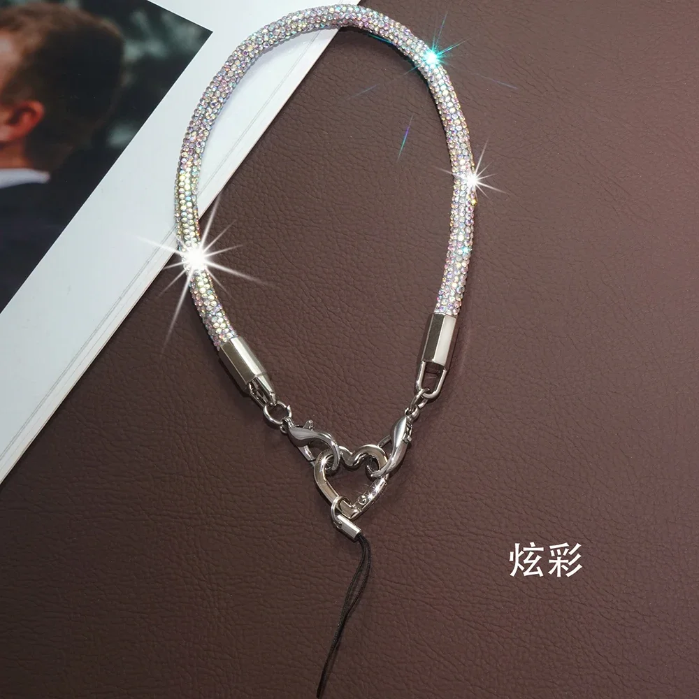 

For Mobile Phone Case Colorful Rhinestone Trim Cotton Core Base Heart Buckle Lanyard Wrist Strap Short Bracelet Anti-Lost Chain