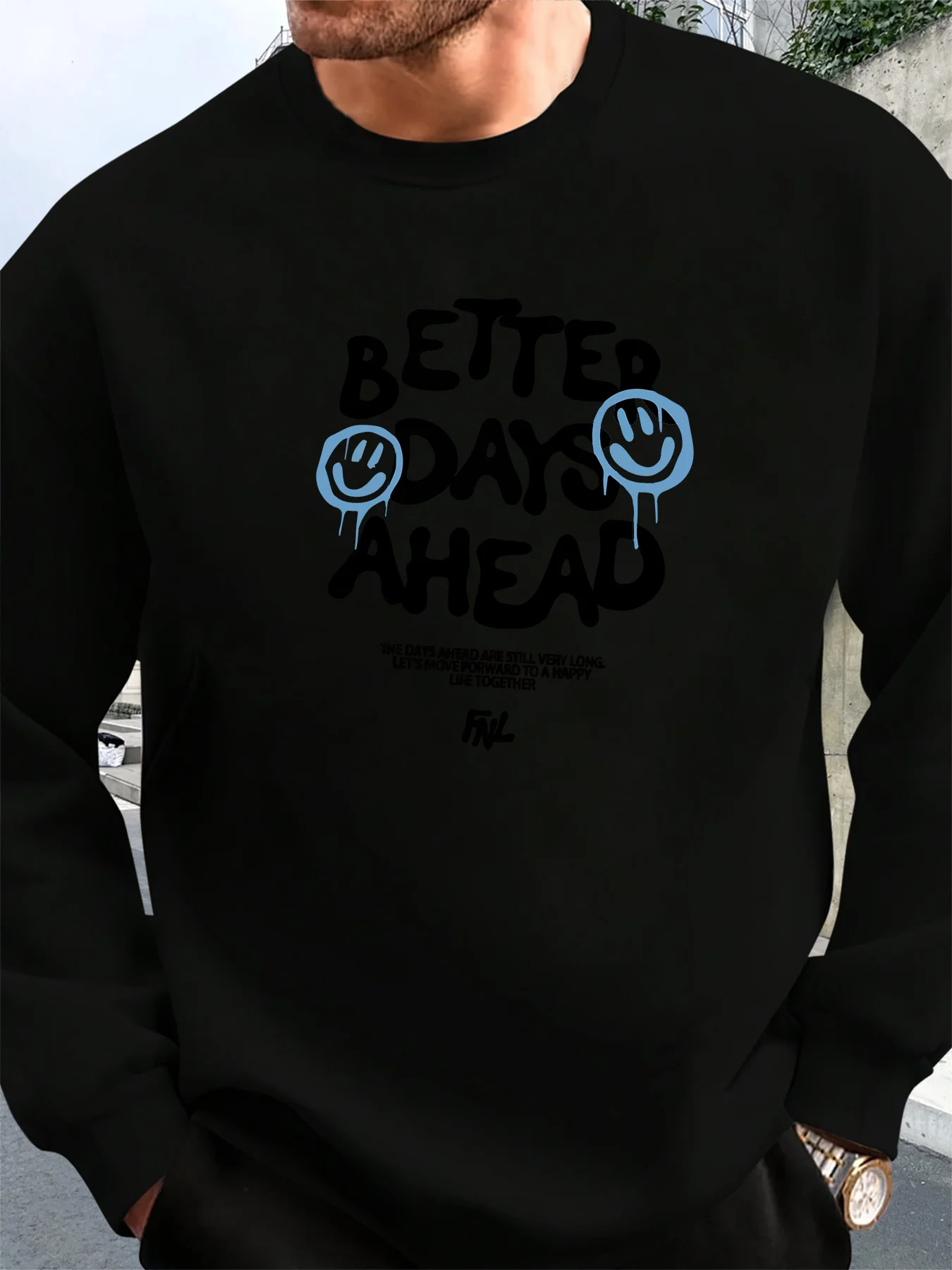 

Мужская толстовка с круглым вырезом с рисунком «Better Days Ahead» — повседневная и удобная, свободная посадка с длинными рукавами