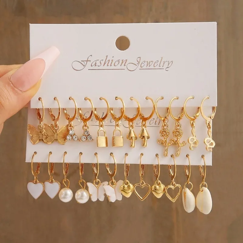 Fashionable 12 Pairs of Heart-shaped Pearl Lock Snake Butterfly Shell Mushroom Lock Ear Buckle Creative Personalized Earring Set