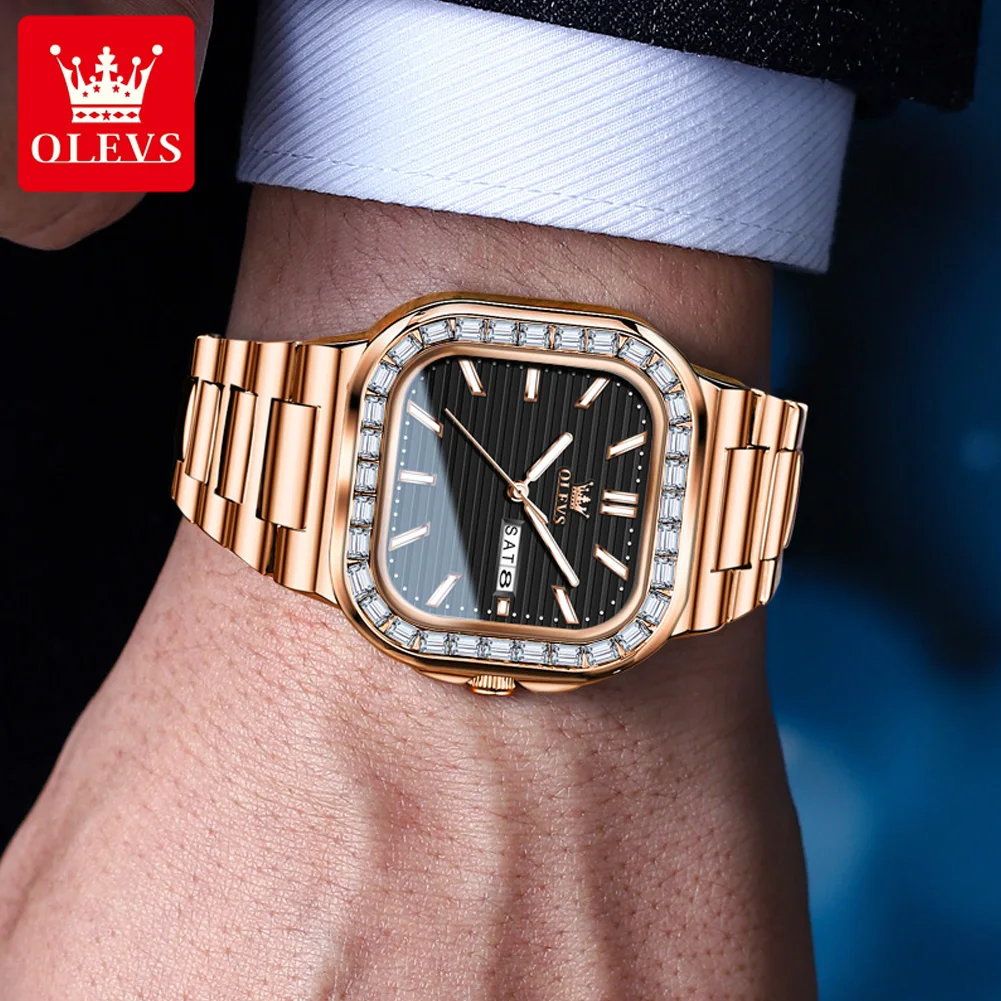 OLEVS นาฬิกาควอทซ์สแตนเลสสำหรับผู้ชาย, นาฬิกาข้อมือติดตักเพชร Nautilus ปฏิทินคู่กันน้ำเรืองแสง