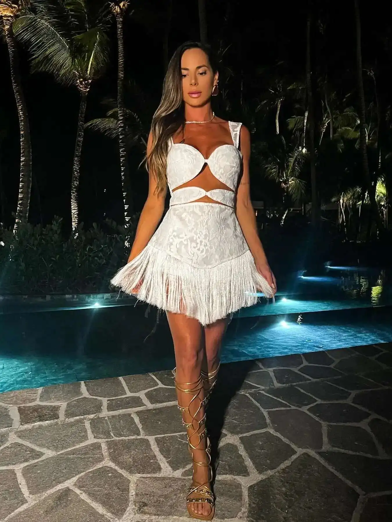 2025 New Sexy Women White Lack Tassel Mini Dresses Bandage Naked Waist Cut Out Dress Summer Party Evening Female Vestidos