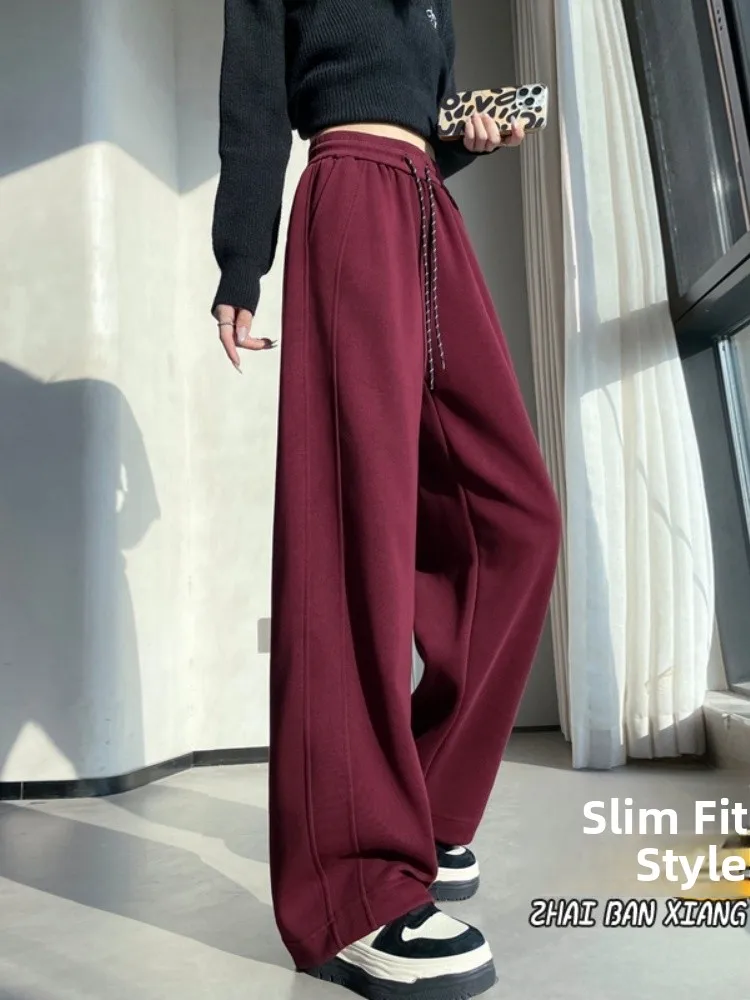 Ankela Rode Slanke Wijde Pijpen Broek Dames Lente Herfst 2025, Kleine Maat Afslanken Drapey Spor Banaan Rechte Pijpen Broek