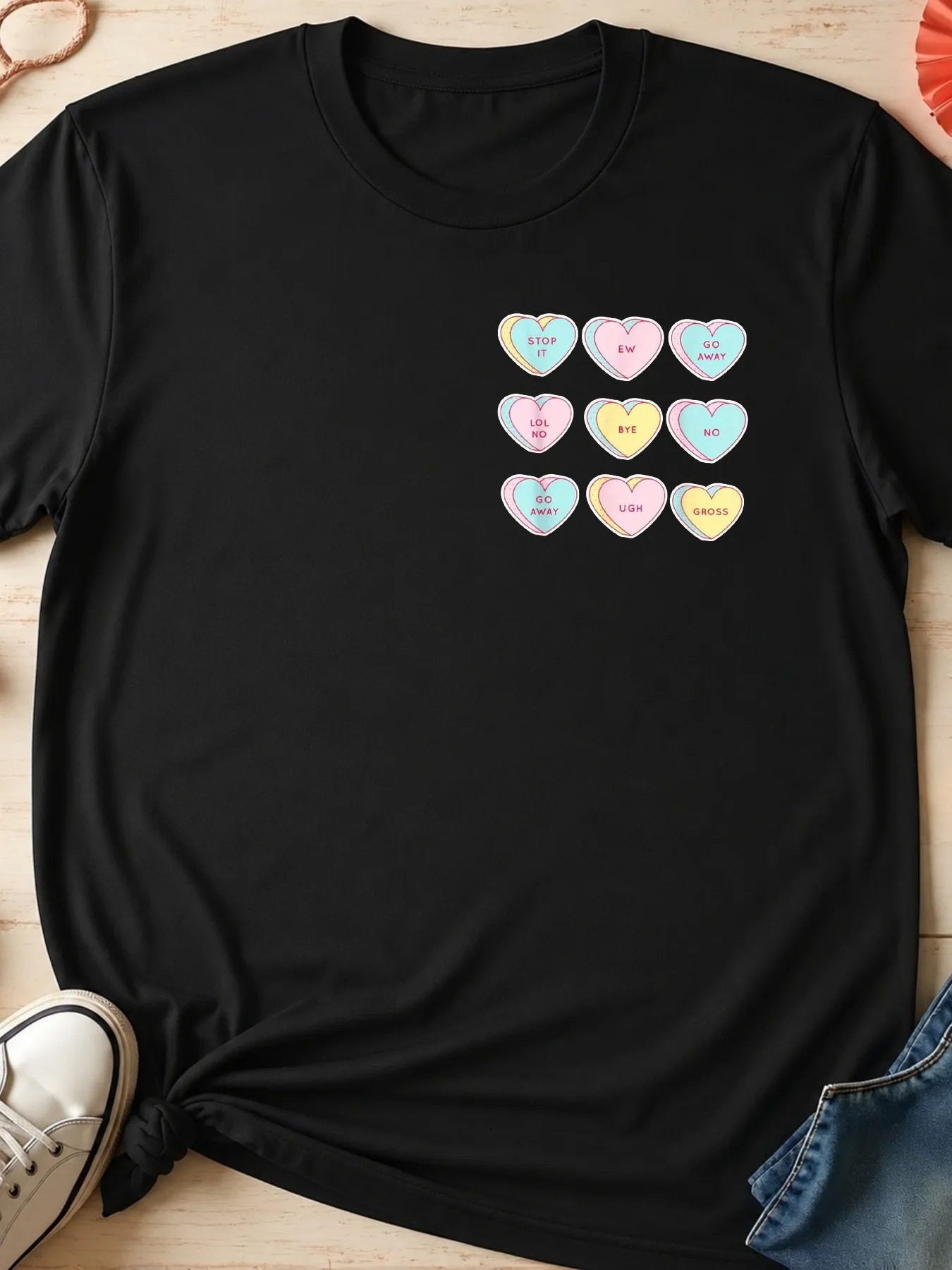 Men'S Streetwear Graphic T Shirt Casual Oversized Short Sleeve Tee Printed With Sarcastic Candy Hearts With Negative Texts Desig
