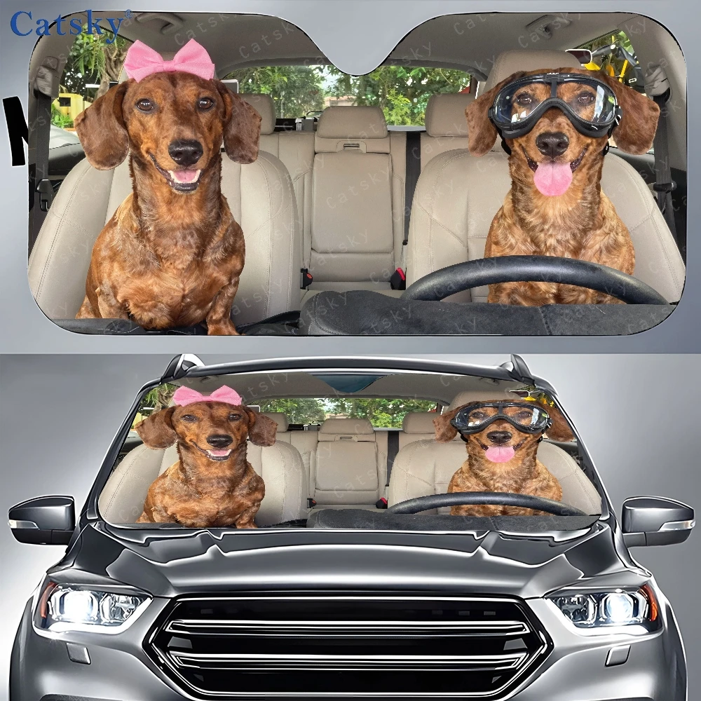 Couple Of Dogs In Car | Auto Sunshades, Front Window Sun Cover, Durable Polyamide Visor For Car Decor And Gift