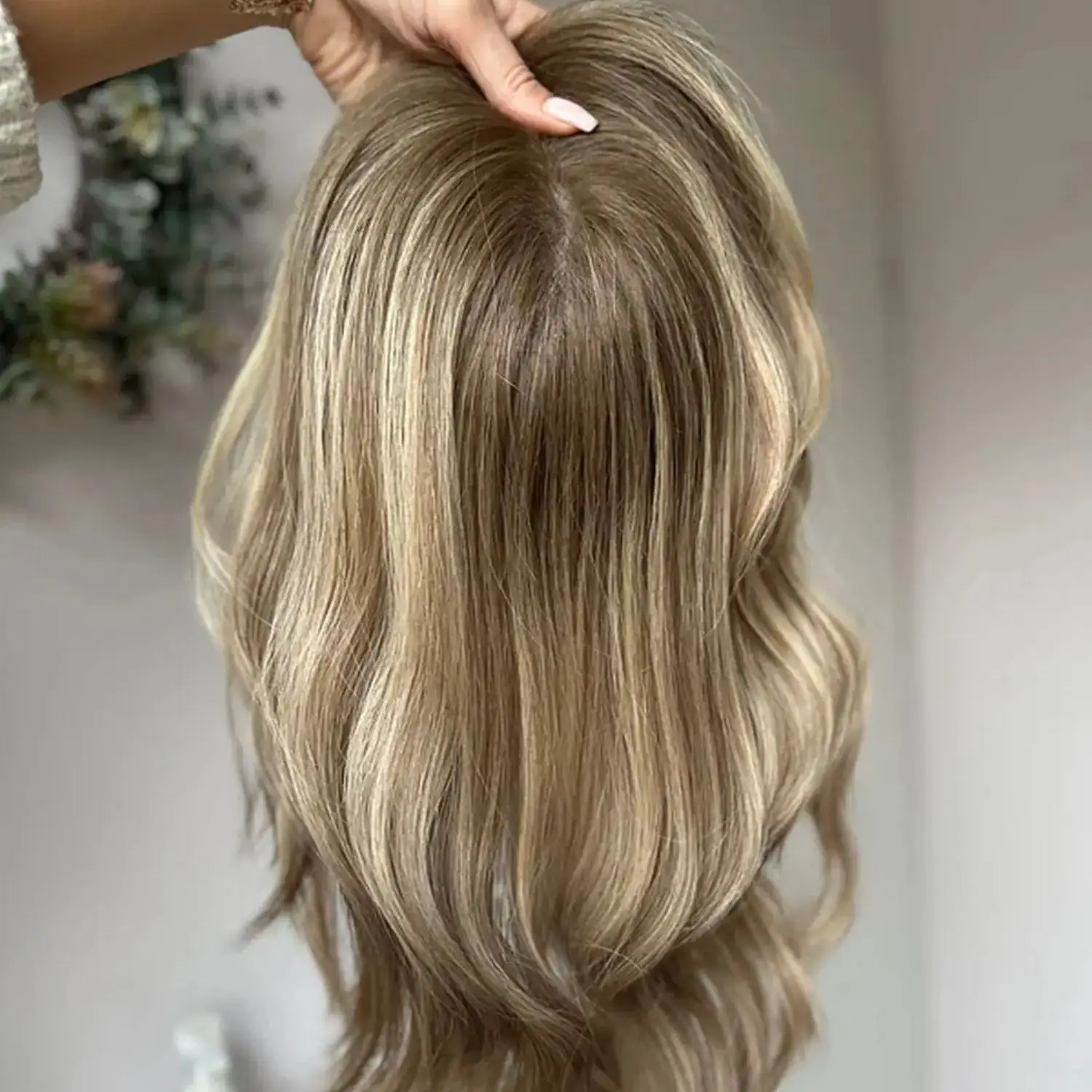 

Good Quality Wig Shoulder 13x4 Ombre Caramel Brown Highlights Balayage Luxury Synthetic Lace Frontal Wig Soft Loose Wave Wig 16"