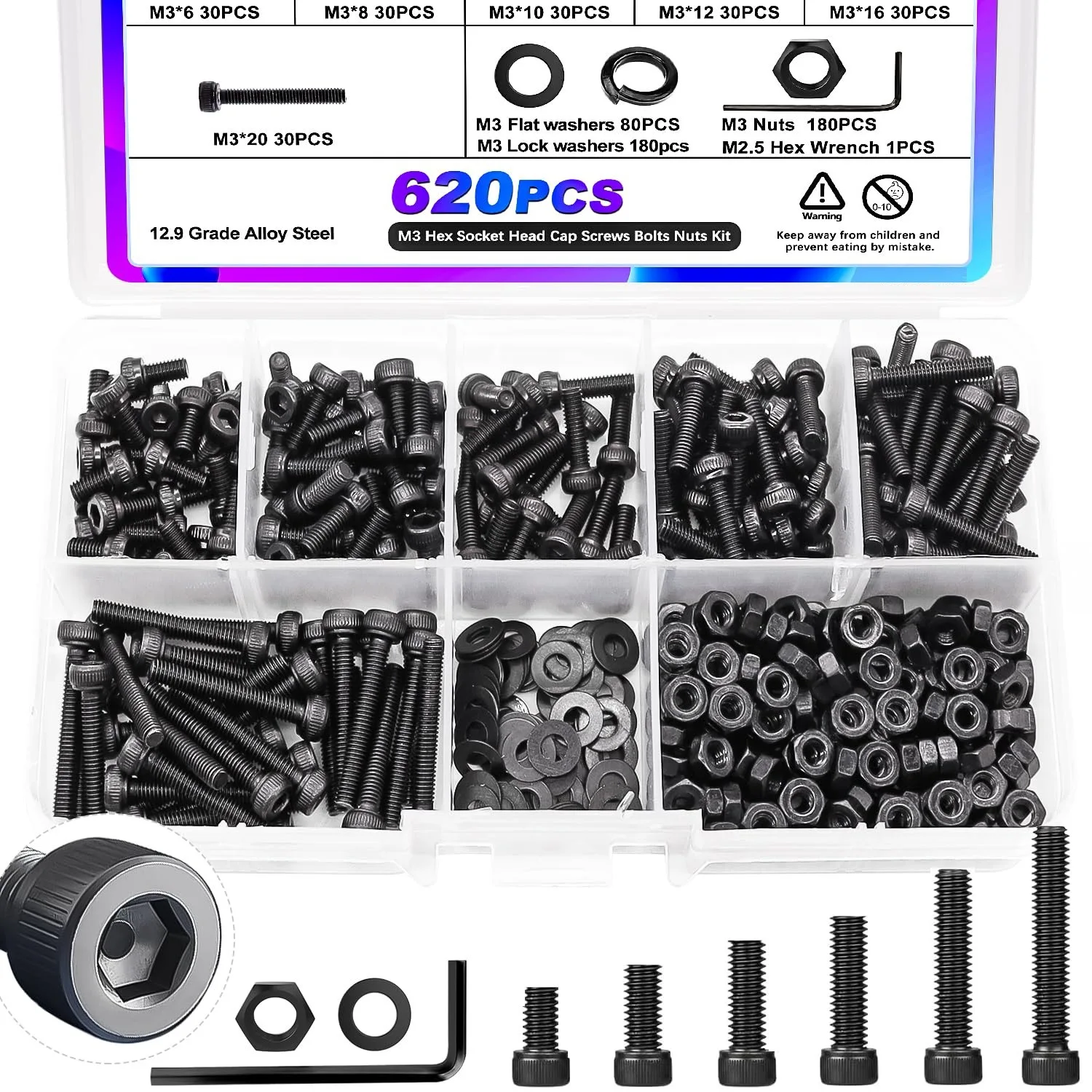 620Pcs M3 Screw Nut Washer Spring Washer 12.9 Grade Alloy Steel Kit for 3D Printer Cross Border