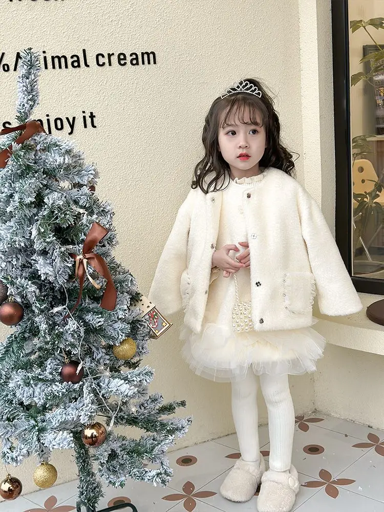 Bambini ragazze principessa 2 pezzi vestiti Set inverno bambini natale caldo spesso lucido cappotto Outwear + prendisole vestito elegante Vintage