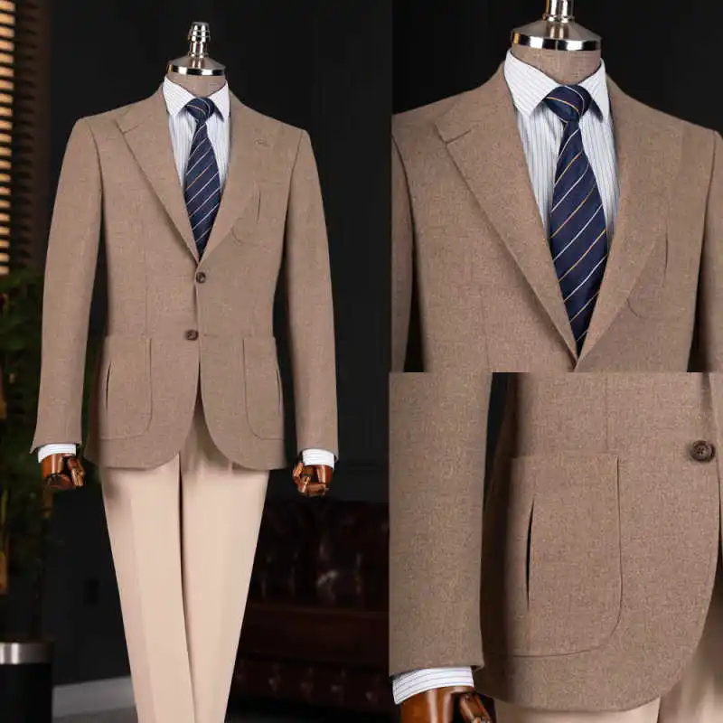 Vintage Wool Blend 2 Piece Men Suit Notch Lapel Patch Pocket Business Wedding Casual Blazer Pants Set Traje Hombre Customized