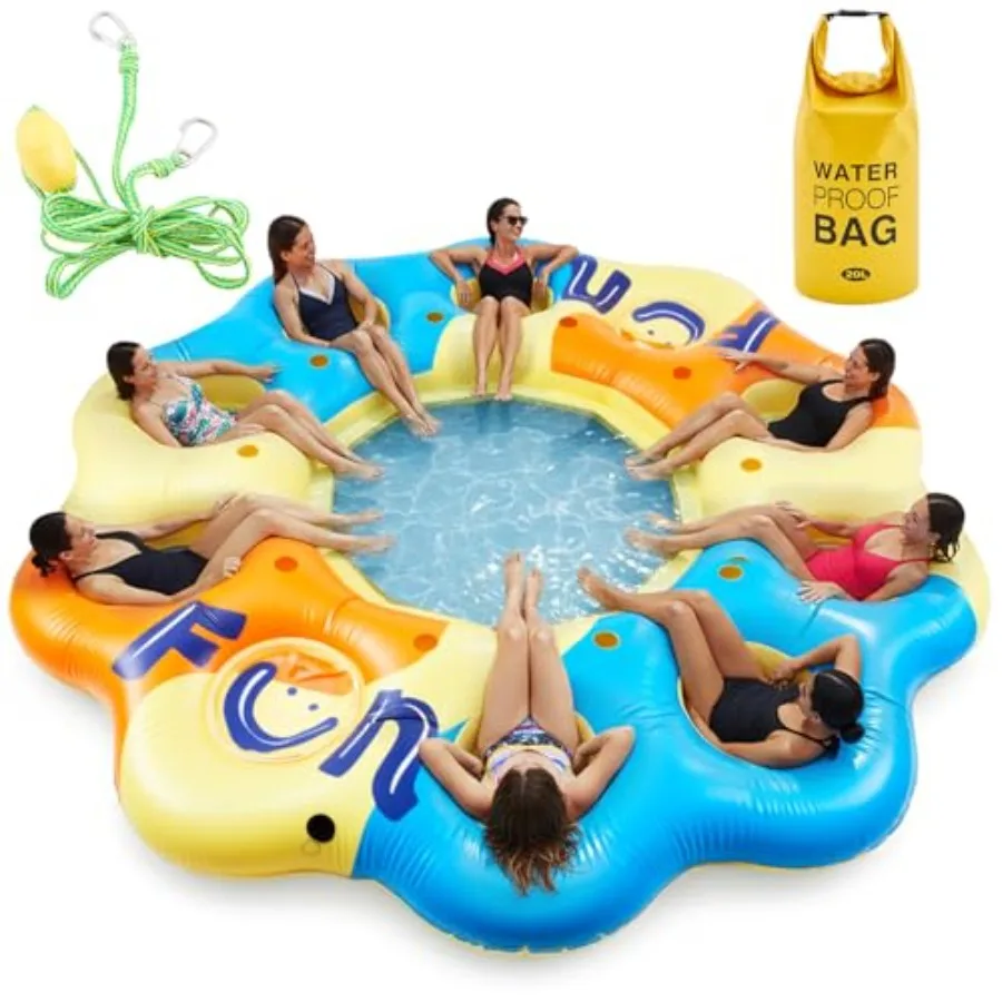 14.5 Ft Giant Inflatable Floating Island for 8-10 People Large Lake Party Float Platform with Mesh Seats Cup Holders Coolers He