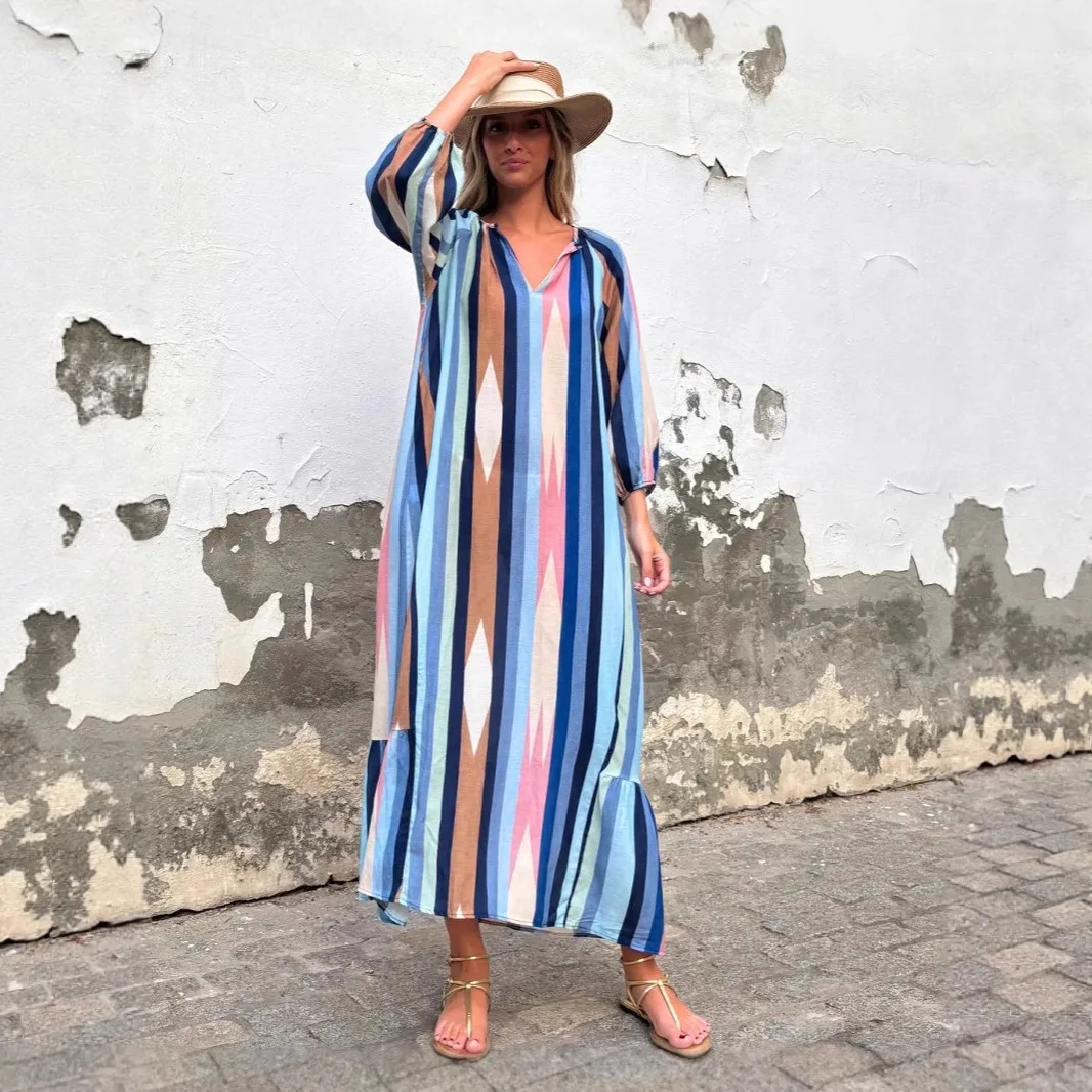 Robe décontractée pour femmes, vacances, mode couleur imprimée, col en v, manches sept-quarts, surdimensionnée, ample, nouvelle collection printemps et automne 2025