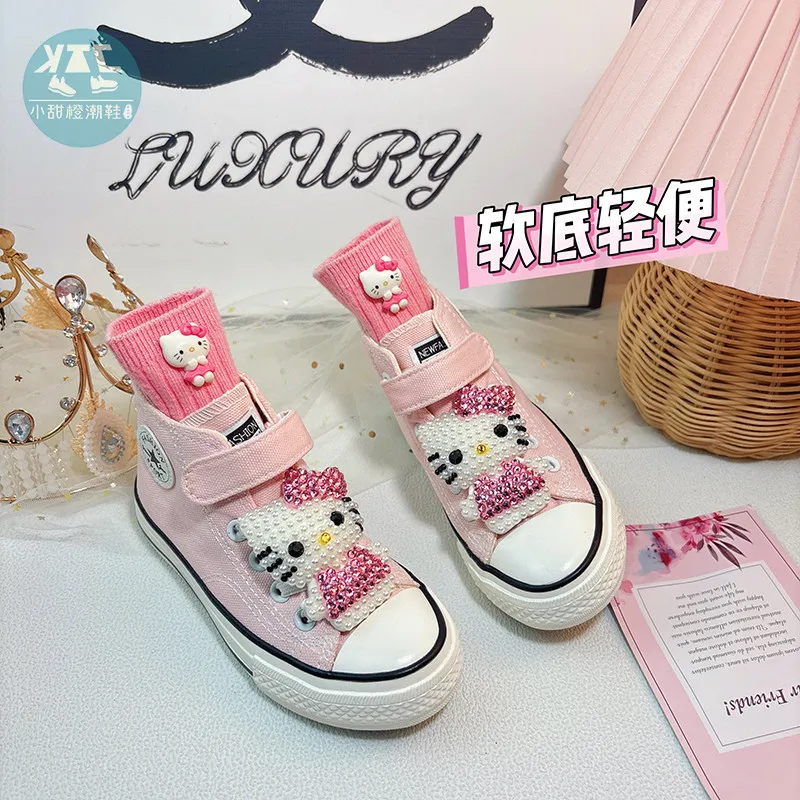 

2026 Hello Kitty High Top Canvas Shoes for Girls, Breathable Casual Sneakers, Trendy Spring Summer Shoes for Big Kids