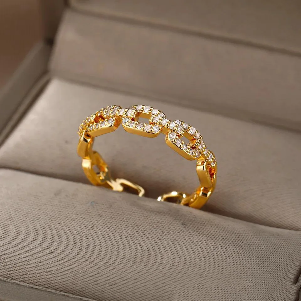 Classic Twist Chain Open Rings For Women Zircon Stainless Steel Geometric Twist Wrapped Couple Ring Wedding Aesthetic Jewelry