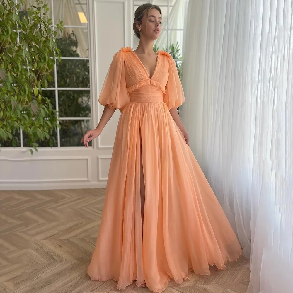 

Cheap Coral Prom Dresses Long Floor Length Evening Party Dress V Neck Tassel Split Side Formal Women Pageant Gowns Puff Sleeve