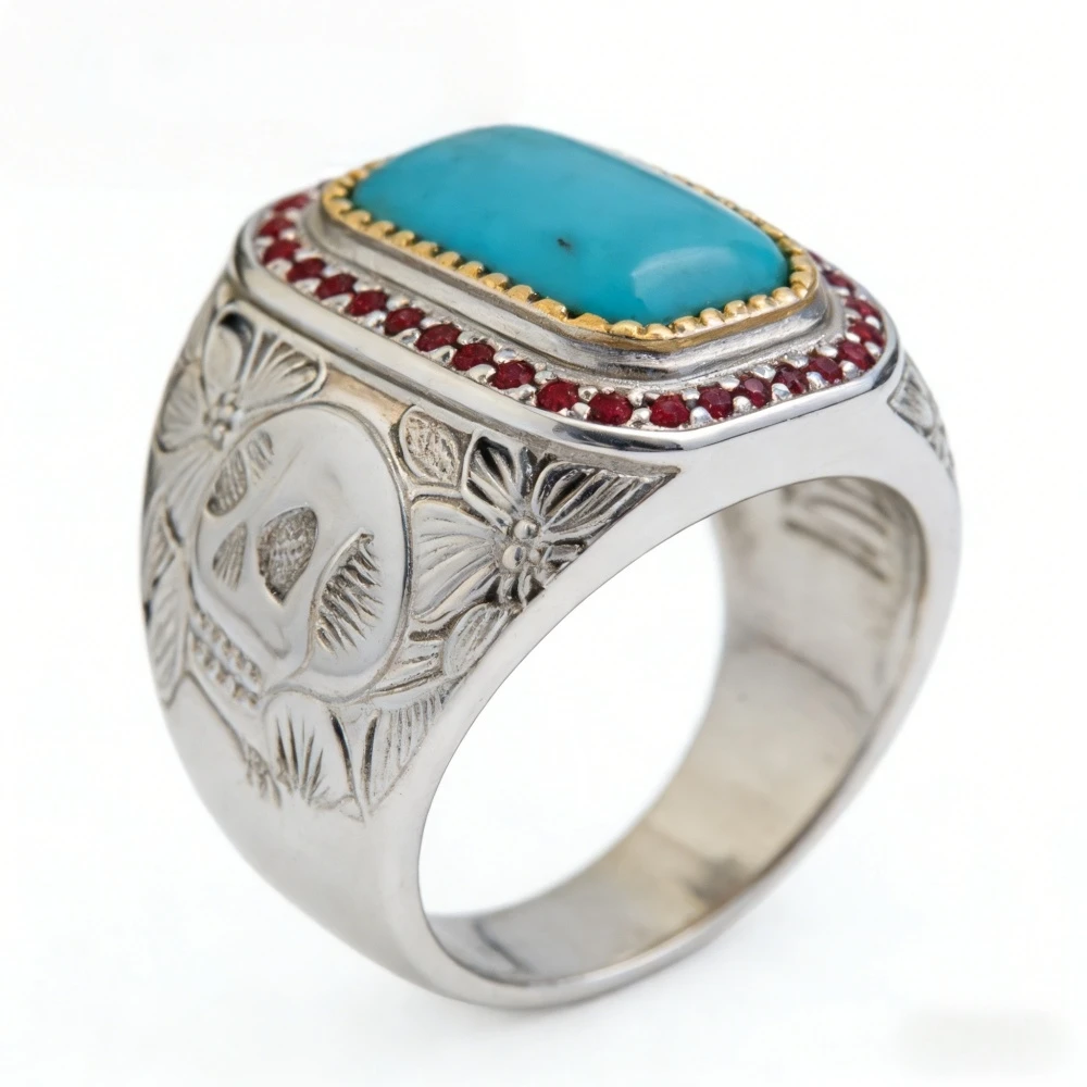 Anillo de deseos para hombre, estilo Retro transfronterizo, patrón de flores y hierba antiguo, anillo de Jade azul de estilo antiguo para hombre