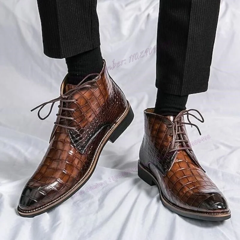 

Brown Crocodile Matte Leather Men's Dress Shoes Cross Tied Chunky Heels Business Party Loafers Shoes Casual Shoes 2023 New Style