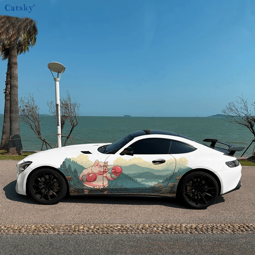 Boxing Pig Mountain Forest Car Vinyl Wraps Decal Self-adhesive PVC Sticker Suitable for Trucks SUV Decor Auto Accessories Gift